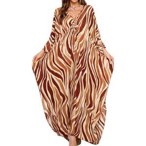 Women's Brown Zebra Stripes V-Neck Batwing Sleeves Summer Cover Up Kaftan Dress